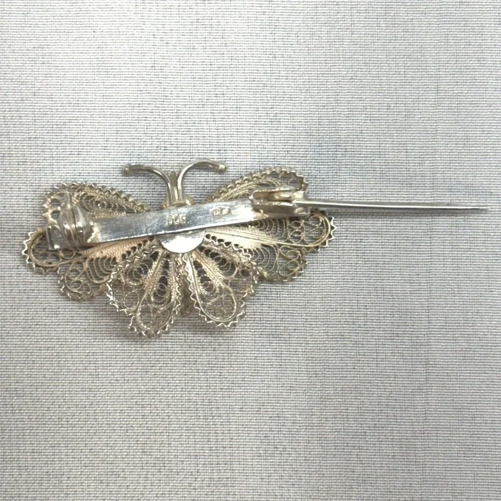 Vintage Butterfly Brooch Unisex OS Silver Excellent 800 Coin Filigree Italian